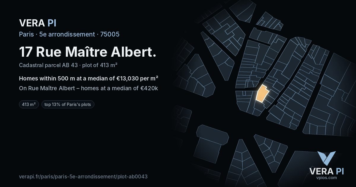 17 Rue Maître Albert, 5e arrondissement at night – the plot lit, the parcels around coloured by the prices near them