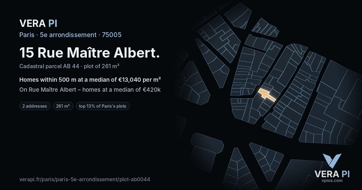15 Rue Maître Albert, 5e arrondissement at night – the plot lit, the parcels around coloured by the prices near them