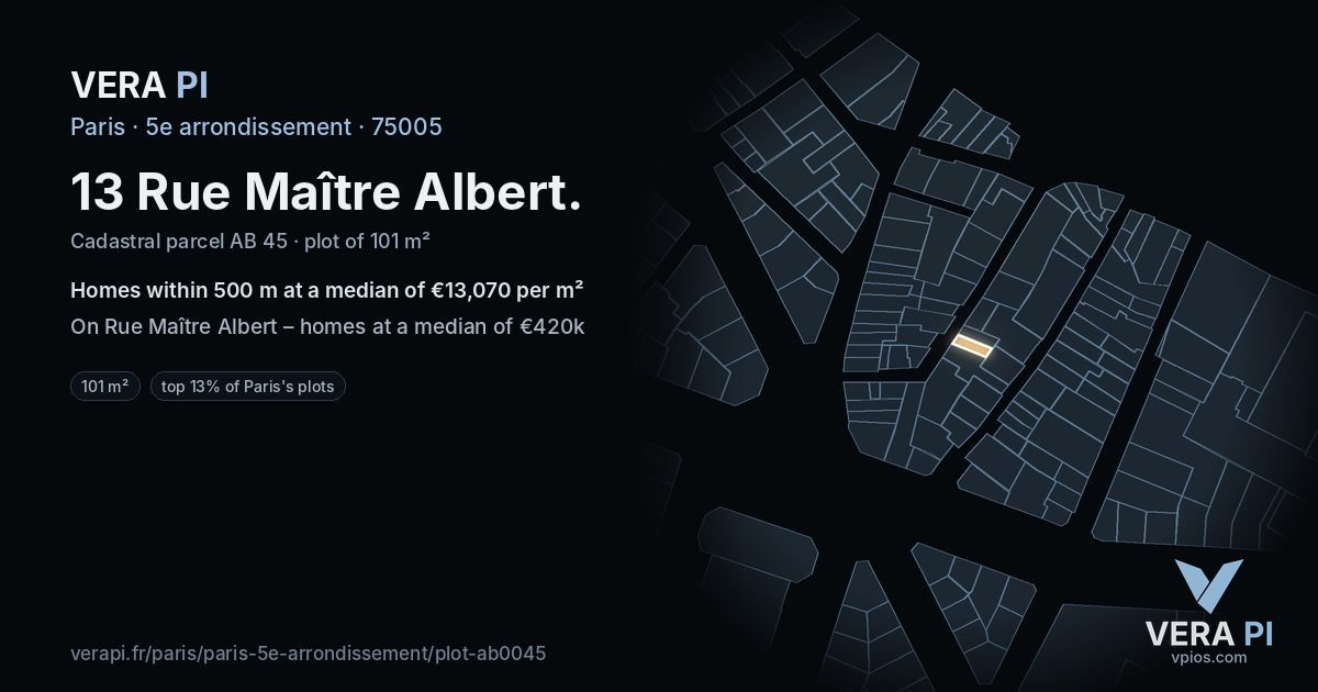 13 Rue Maître Albert, 5e arrondissement at night – the plot lit, the parcels around coloured by the prices near them