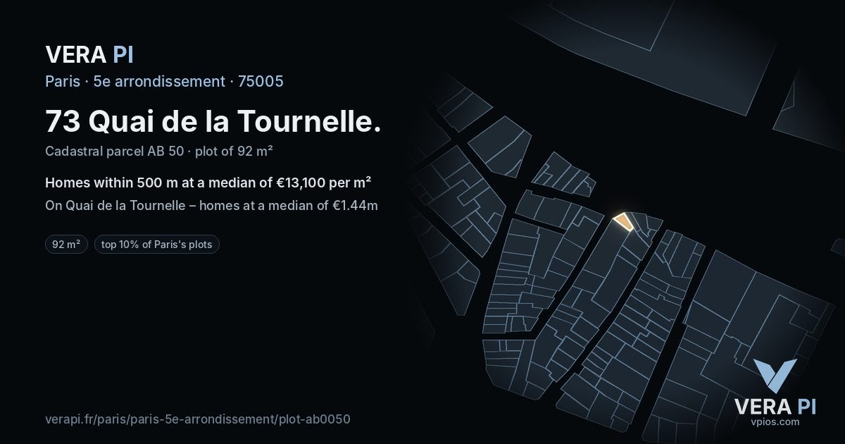 73 Quai de la Tournelle, 5e arrondissement at night – the plot lit, the parcels around coloured by the prices near them