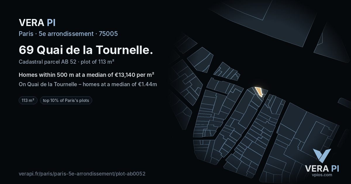 69 Quai de la Tournelle, 5e arrondissement at night – the plot lit, the parcels around coloured by the prices near them