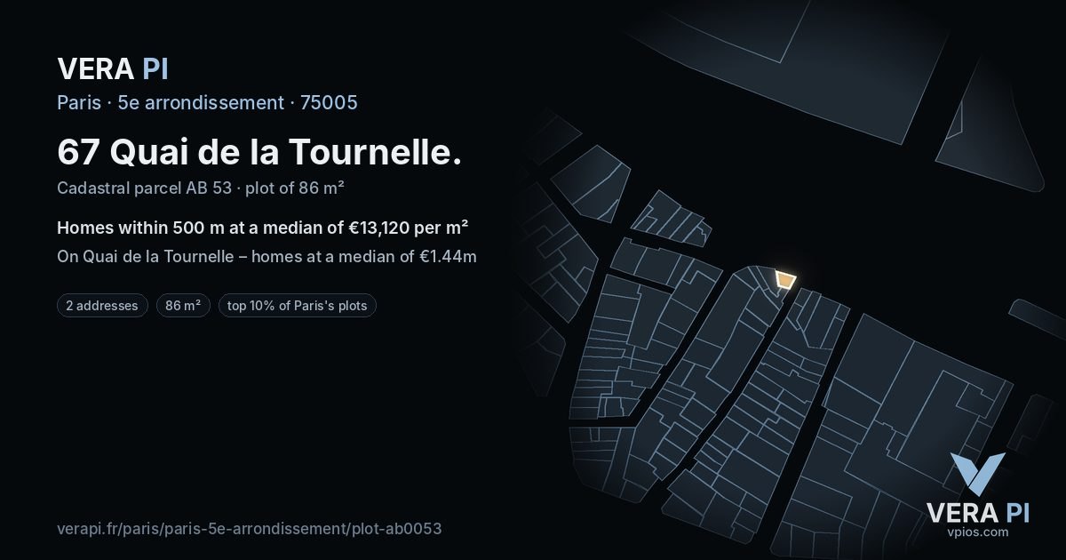 67 Quai de la Tournelle, 5e arrondissement at night – the plot lit, the parcels around coloured by the prices near them