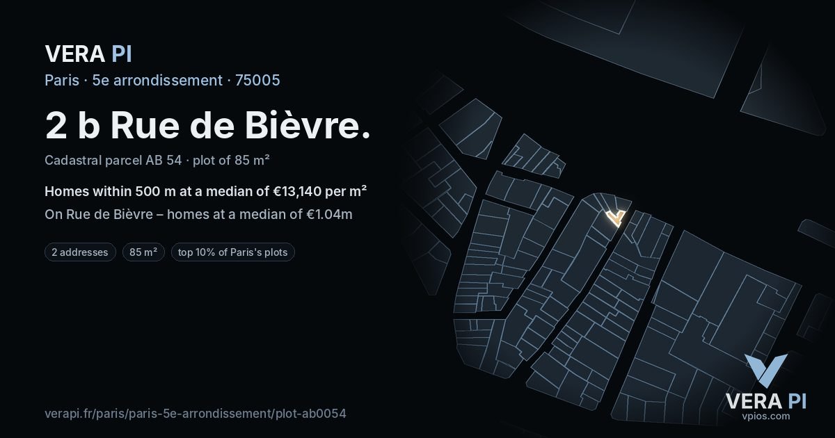 2 b Rue de Bièvre, 5e arrondissement at night – the plot lit, the parcels around coloured by the prices near them