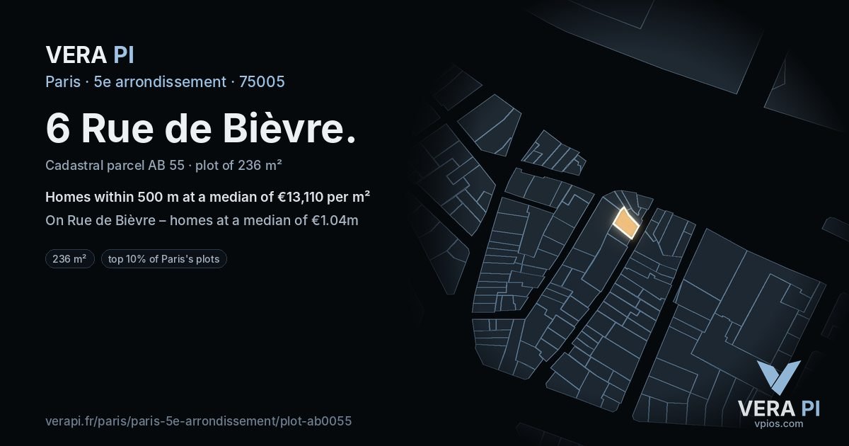 6 Rue de Bièvre, 5e arrondissement at night – the plot lit, the parcels around coloured by the prices near them