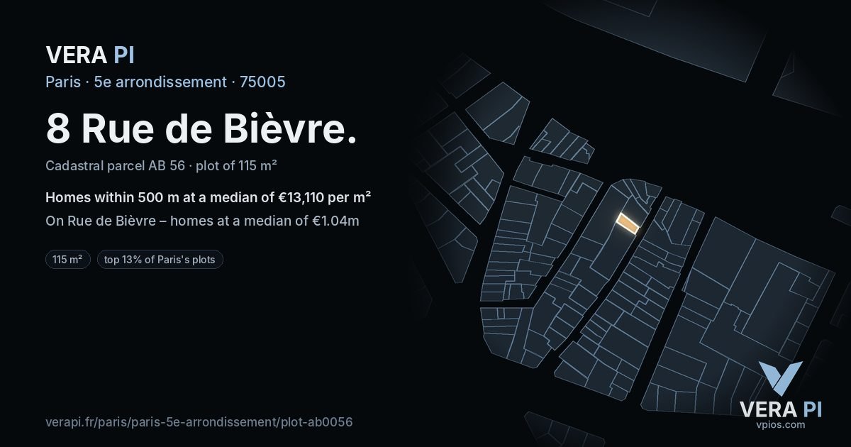 8 Rue de Bièvre, 5e arrondissement at night – the plot lit, the parcels around coloured by the prices near them