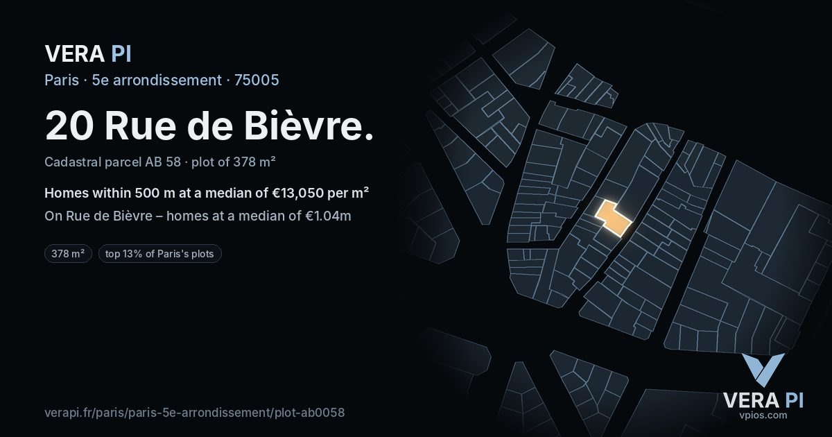 20 Rue de Bièvre, 5e arrondissement at night – the plot lit, the parcels around coloured by the prices near them