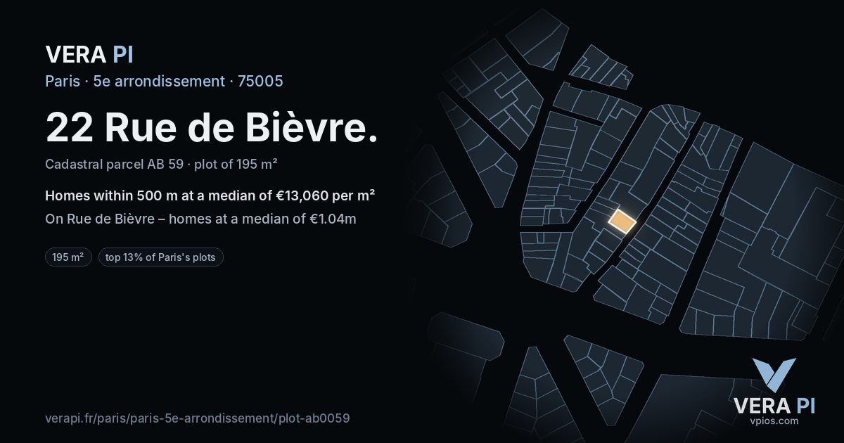 22 Rue de Bièvre, 5e arrondissement at night – the plot lit, the parcels around coloured by the prices near them