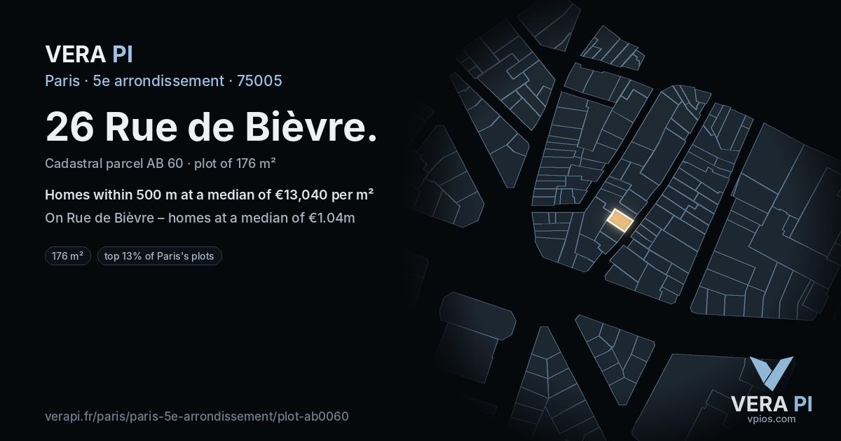 26 Rue de Bièvre, 5e arrondissement at night – the plot lit, the parcels around coloured by the prices near them