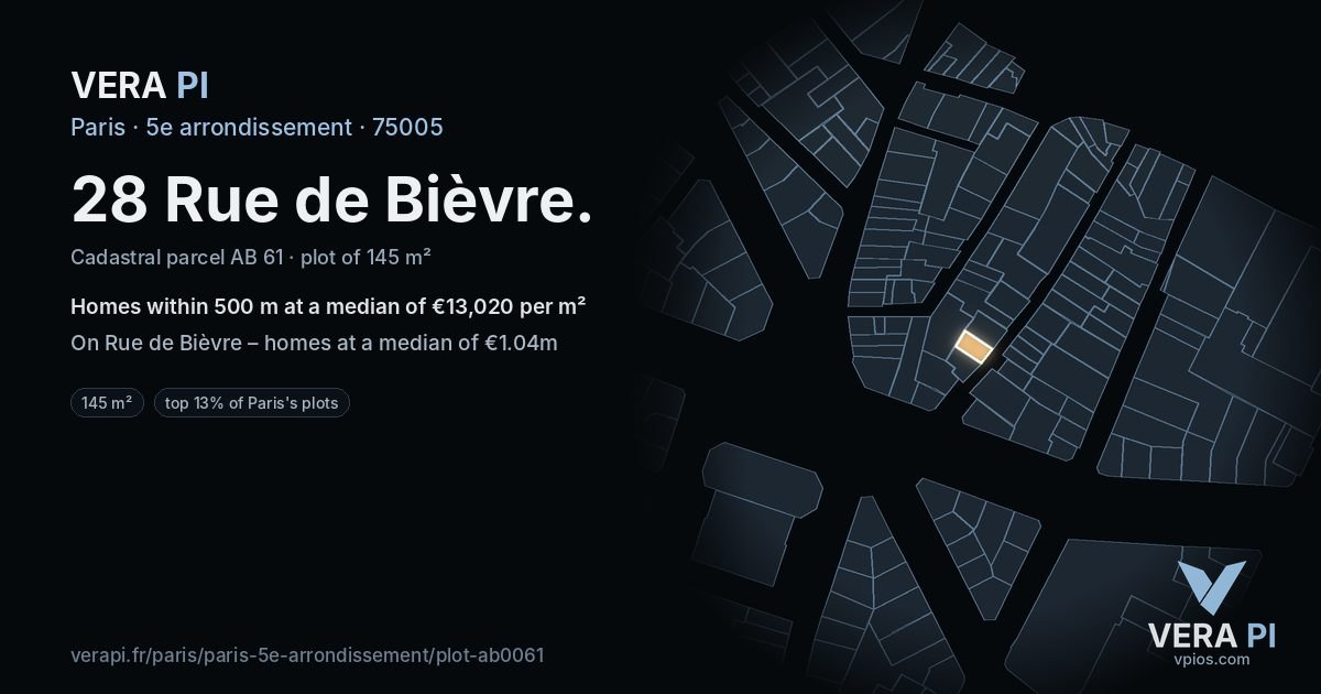 28 Rue de Bièvre, 5e arrondissement at night – the plot lit, the parcels around coloured by the prices near them