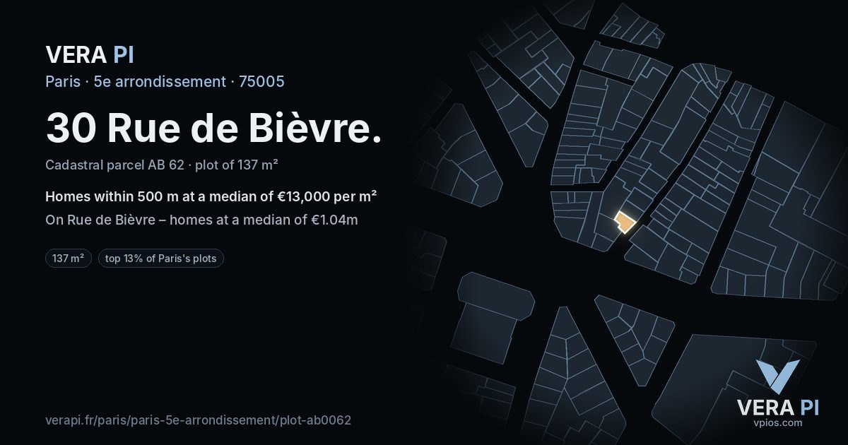 30 Rue de Bièvre, 5e arrondissement at night – the plot lit, the parcels around coloured by the prices near them