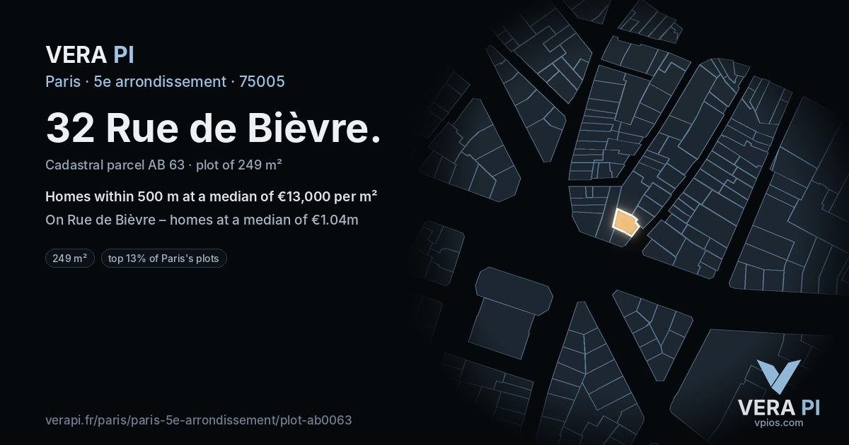 32 Rue de Bièvre, 5e arrondissement at night – the plot lit, the parcels around coloured by the prices near them