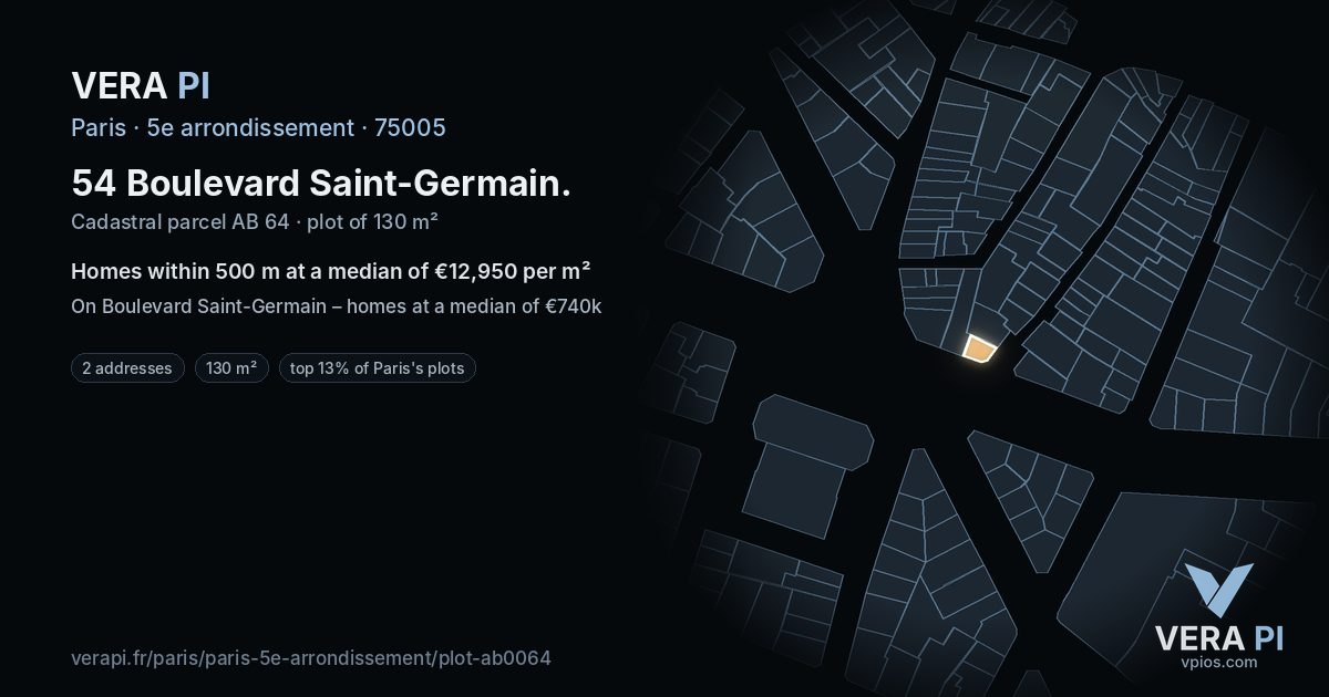 54 Boulevard Saint-Germain, 5e arrondissement at night – the plot lit, the parcels around coloured by the prices near them
