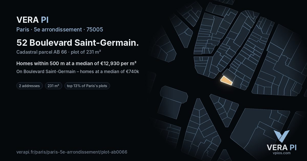 52 Boulevard Saint-Germain, 5e arrondissement at night – the plot lit, the parcels around coloured by the prices near them