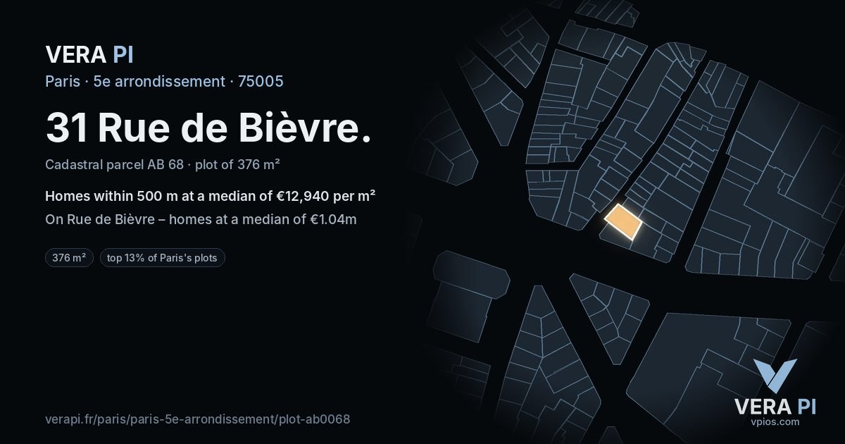 31 Rue de Bièvre, 5e arrondissement at night – the plot lit, the parcels around coloured by the prices near them