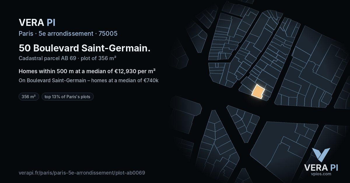 50 Boulevard Saint-Germain, 5e arrondissement at night – the plot lit, the parcels around coloured by the prices near them