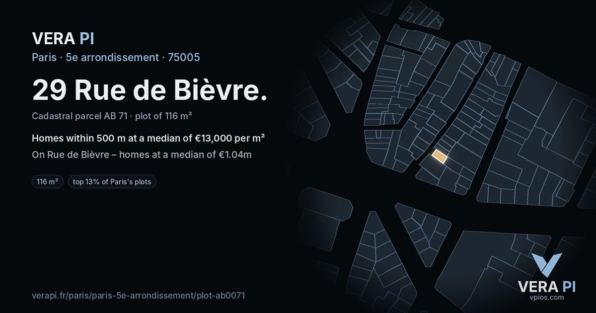 29 Rue de Bièvre, 5e arrondissement at night – the plot lit, the parcels around coloured by the prices near them