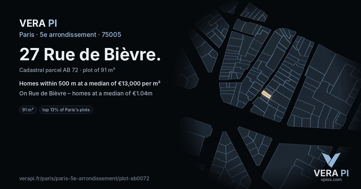 27 Rue de Bièvre, 5e arrondissement at night – the plot lit, the parcels around coloured by the prices near them