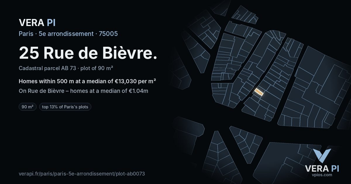 25 Rue de Bièvre, 5e arrondissement at night – the plot lit, the parcels around coloured by the prices near them
