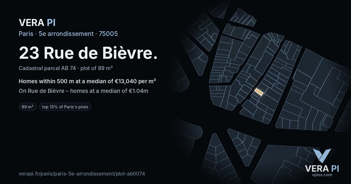 23 Rue de Bièvre, 5e arrondissement at night – the plot lit, the parcels around coloured by the prices near them