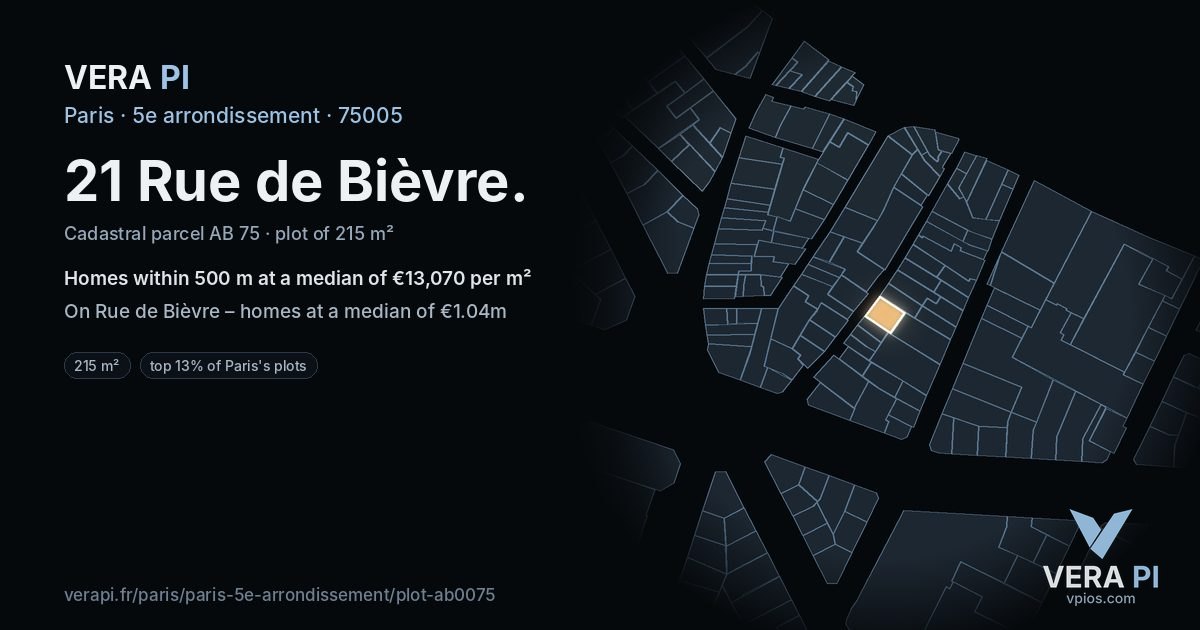 21 Rue de Bièvre, 5e arrondissement at night – the plot lit, the parcels around coloured by the prices near them