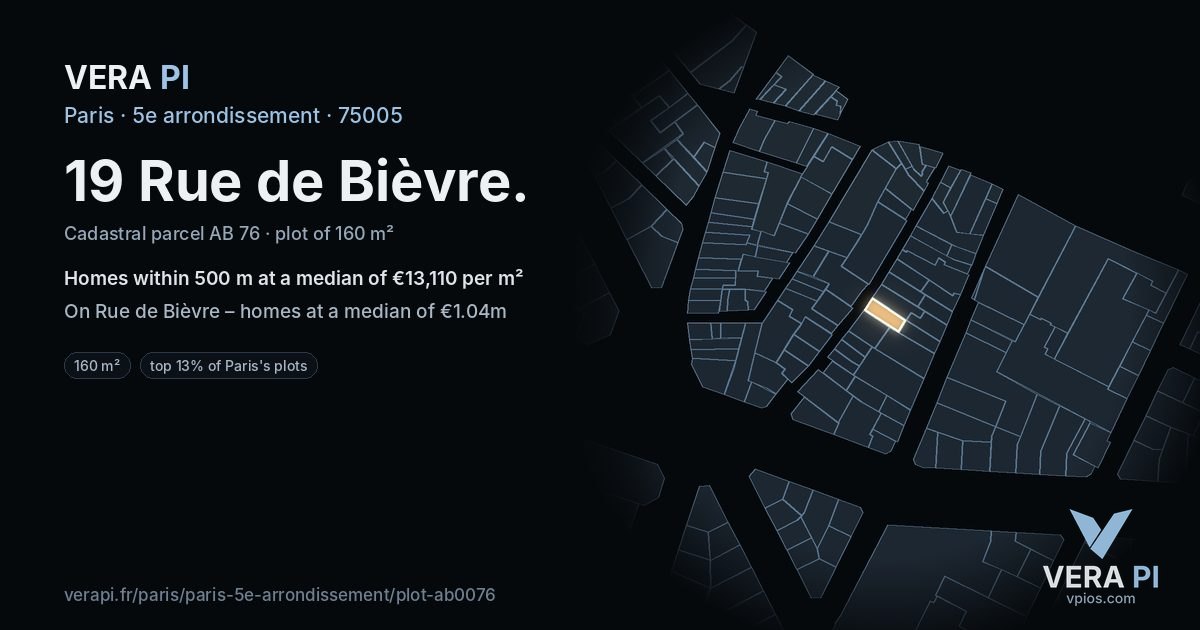 19 Rue de Bièvre, 5e arrondissement at night – the plot lit, the parcels around coloured by the prices near them