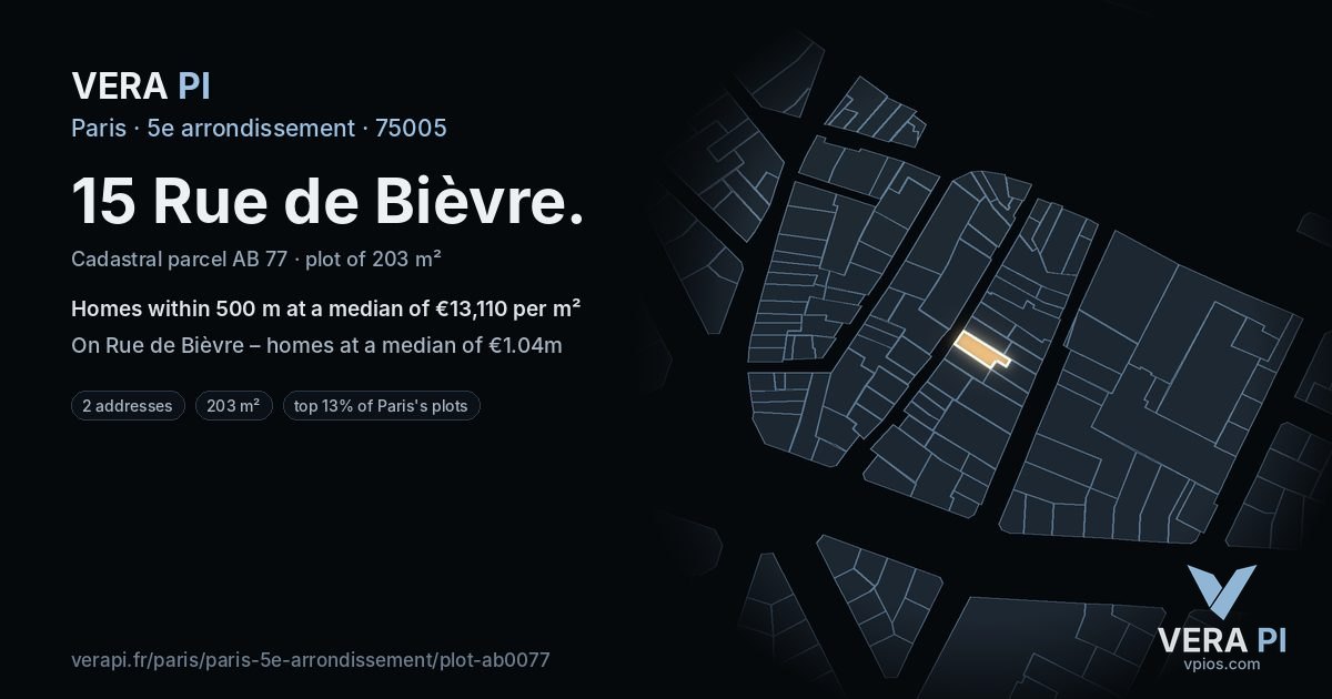 15 Rue de Bièvre, 5e arrondissement at night – the plot lit, the parcels around coloured by the prices near them