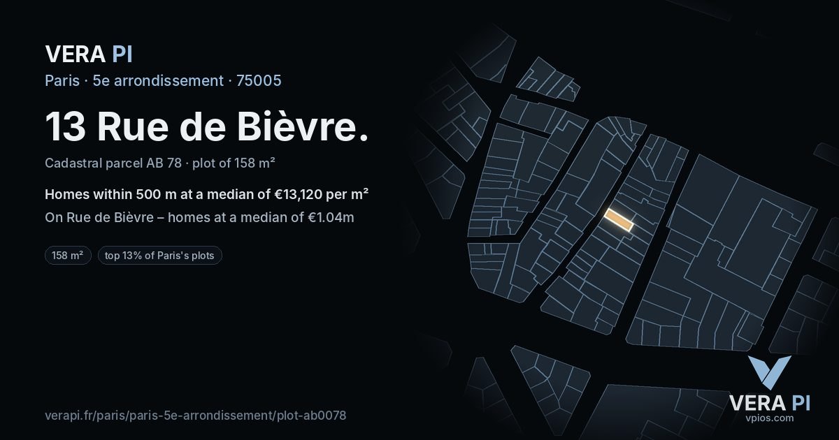 13 Rue de Bièvre, 5e arrondissement at night – the plot lit, the parcels around coloured by the prices near them