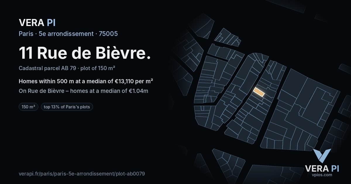 11 Rue de Bièvre, 5e arrondissement at night – the plot lit, the parcels around coloured by the prices near them
