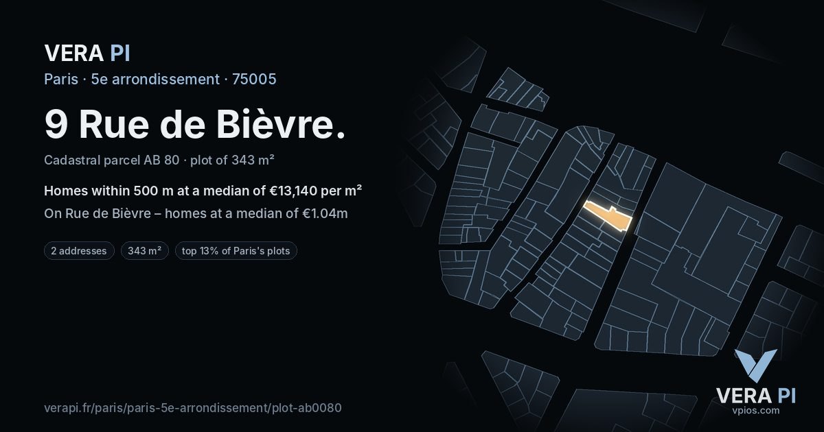 9 Rue de Bièvre, 5e arrondissement at night – the plot lit, the parcels around coloured by the prices near them