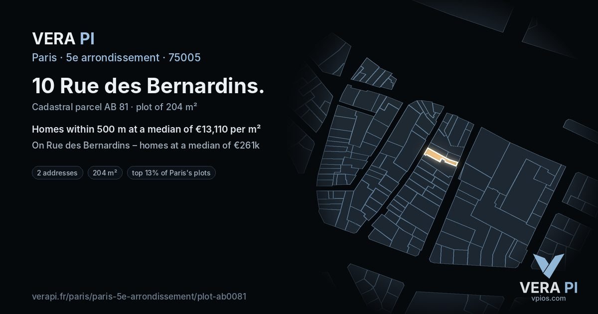 10 Rue des Bernardins, 5e arrondissement at night – the plot lit, the parcels around coloured by the prices near them