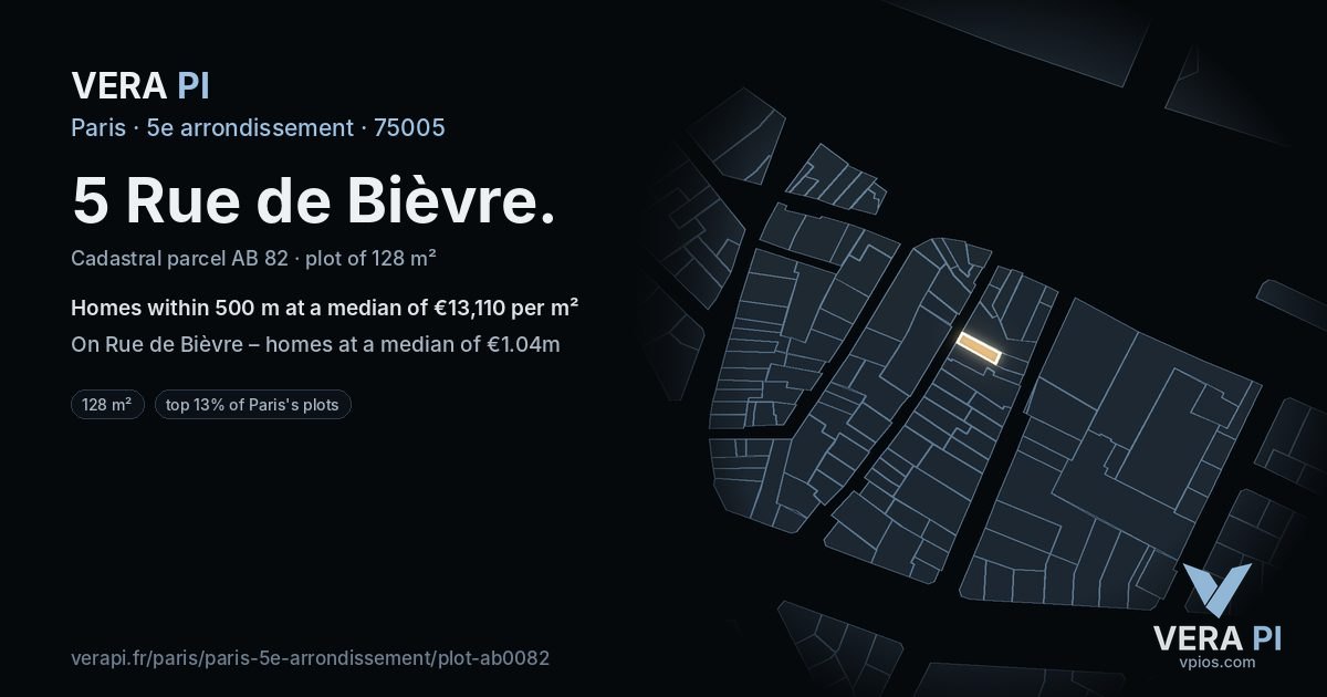 5 Rue de Bièvre, 5e arrondissement at night – the plot lit, the parcels around coloured by the prices near them