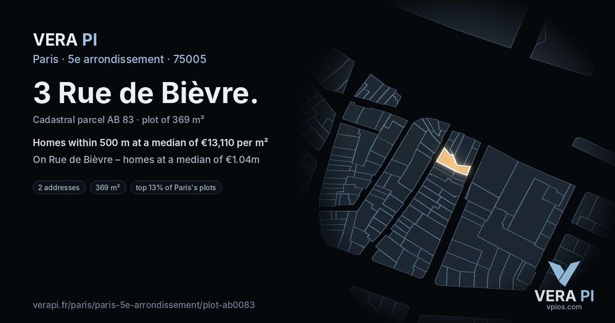 3 Rue de Bièvre, 5e arrondissement at night – the plot lit, the parcels around coloured by the prices near them