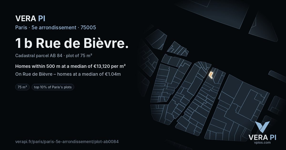 1 b Rue de Bièvre, 5e arrondissement at night – the plot lit, the parcels around coloured by the prices near them