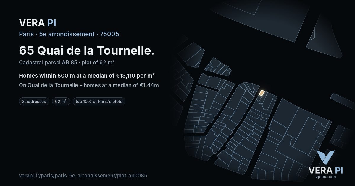 65 Quai de la Tournelle, 5e arrondissement at night – the plot lit, the parcels around coloured by the prices near them