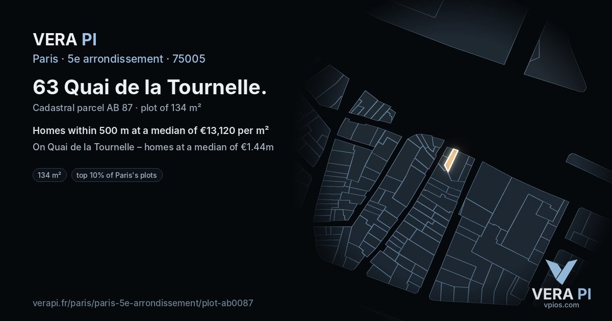 63 Quai de la Tournelle, 5e arrondissement at night – the plot lit, the parcels around coloured by the prices near them