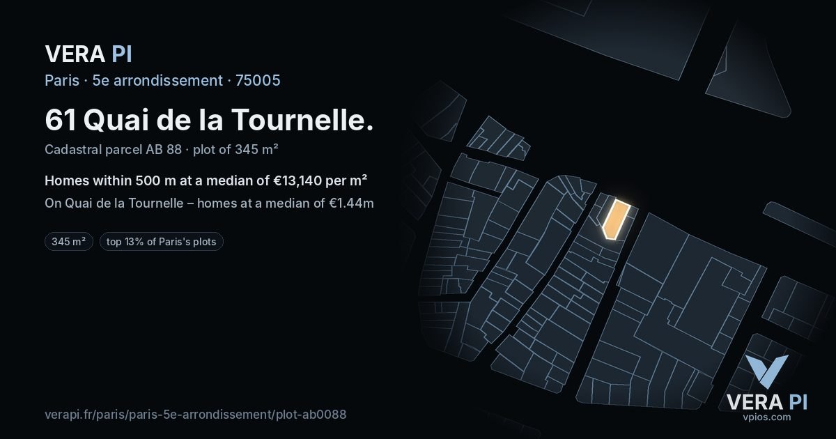 61 Quai de la Tournelle, 5e arrondissement at night – the plot lit, the parcels around coloured by the prices near them