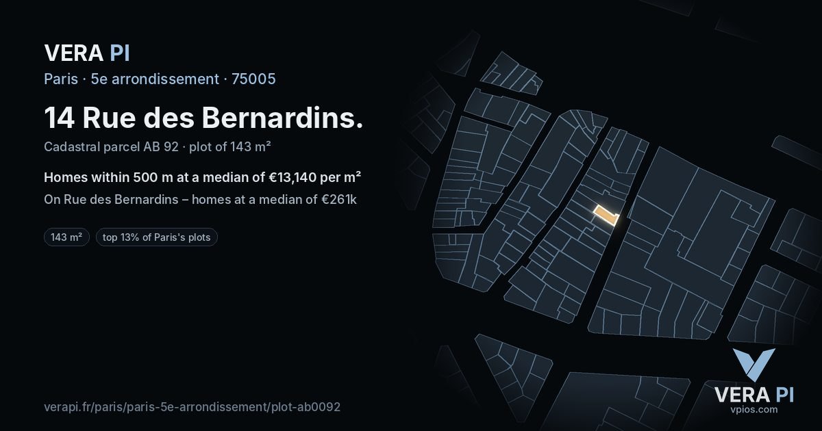 14 Rue des Bernardins, 5e arrondissement at night – the plot lit, the parcels around coloured by the prices near them