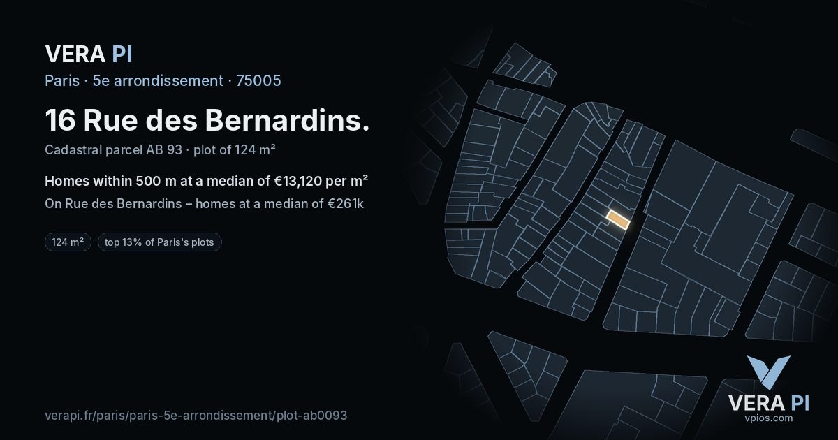 16 Rue des Bernardins, 5e arrondissement at night – the plot lit, the parcels around coloured by the prices near them