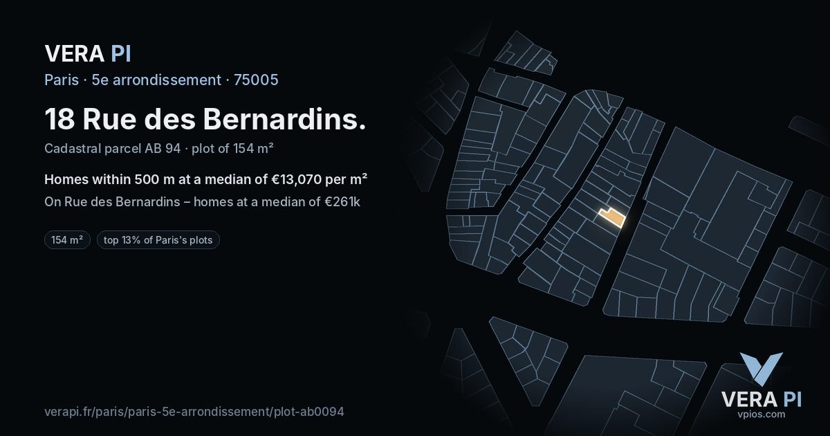 18 Rue des Bernardins, 5e arrondissement at night – the plot lit, the parcels around coloured by the prices near them