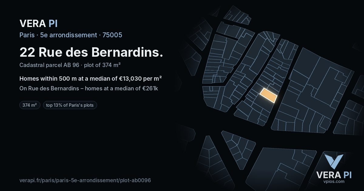 22 Rue des Bernardins, 5e arrondissement at night – the plot lit, the parcels around coloured by the prices near them