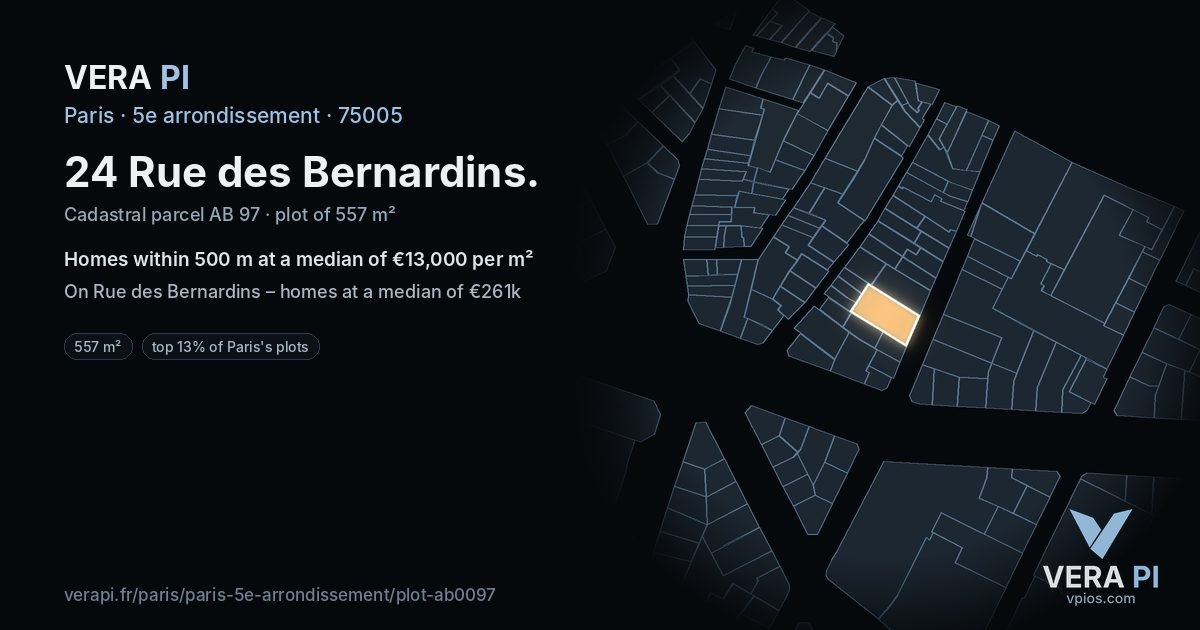 24 Rue des Bernardins, 5e arrondissement at night – the plot lit, the parcels around coloured by the prices near them