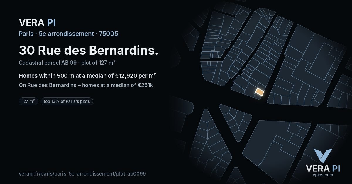30 Rue des Bernardins, 5e arrondissement at night – the plot lit, the parcels around coloured by the prices near them