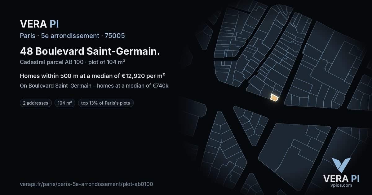 48 Boulevard Saint-Germain, 5e arrondissement at night – the plot lit, the parcels around coloured by the prices near them