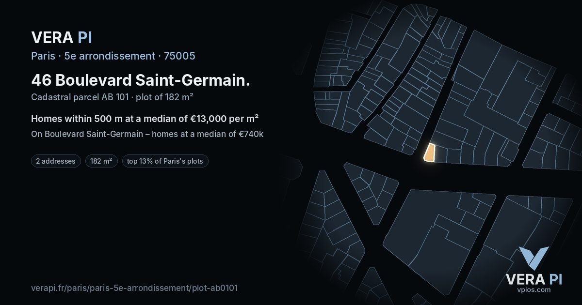 46 Boulevard Saint-Germain, 5e arrondissement at night – the plot lit, the parcels around coloured by the prices near them