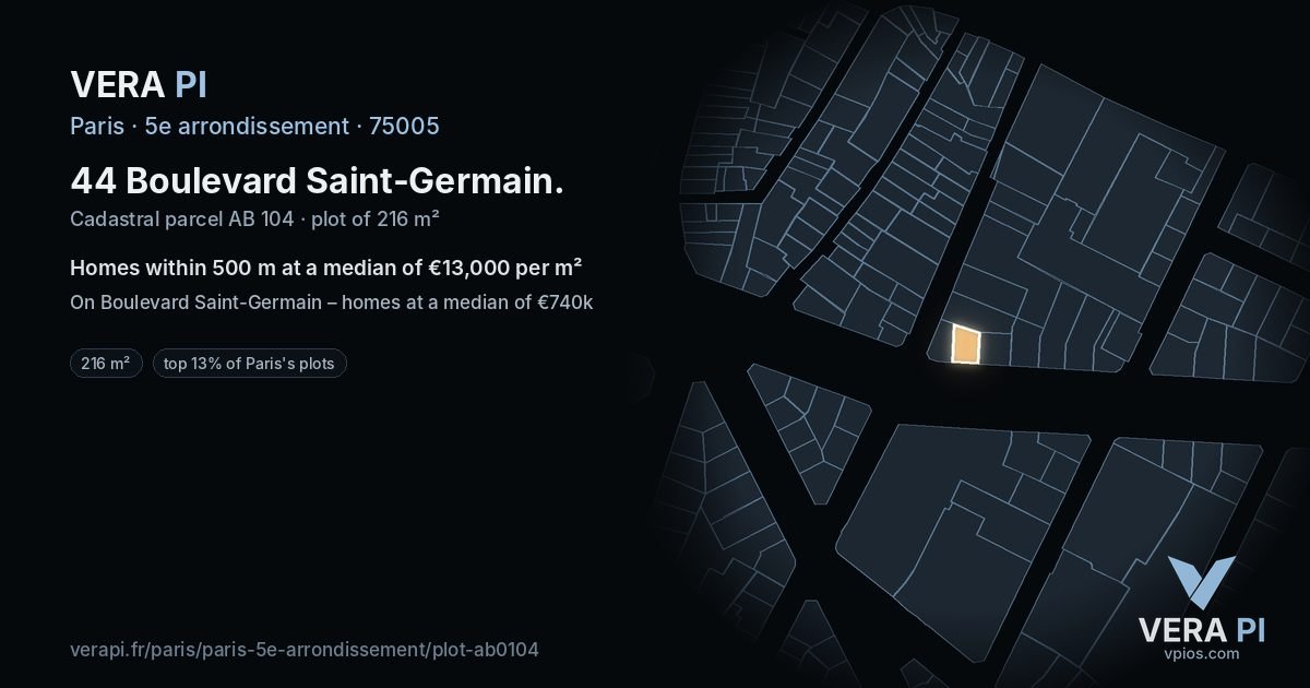 44 Boulevard Saint-Germain, 5e arrondissement at night – the plot lit, the parcels around coloured by the prices near them