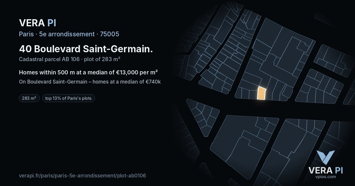 40 Boulevard Saint-Germain, 5e arrondissement at night – the plot lit, the parcels around coloured by the prices near them