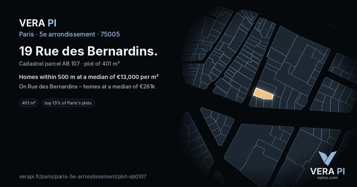 19 Rue des Bernardins, 5e arrondissement at night – the plot lit, the parcels around coloured by the prices near them