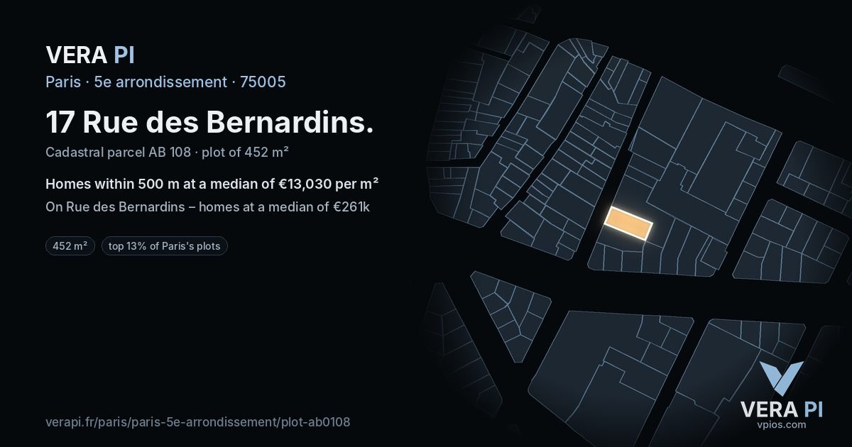 17 Rue des Bernardins, 5e arrondissement at night – the plot lit, the parcels around coloured by the prices near them