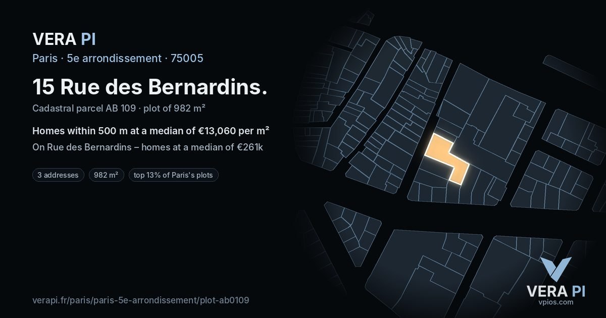 15 Rue des Bernardins, 5e arrondissement at night – the plot lit, the parcels around coloured by the prices near them