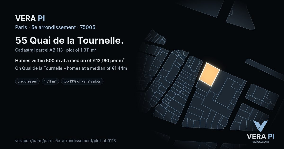 55 Quai de la Tournelle, 5e arrondissement at night – the plot lit, the parcels around coloured by the prices near them